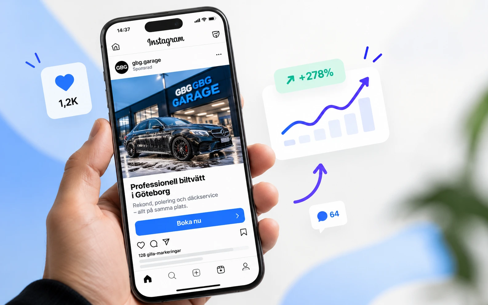 Instagram-annons för en lokal firma med Boka nu-knapp och stigande resultat